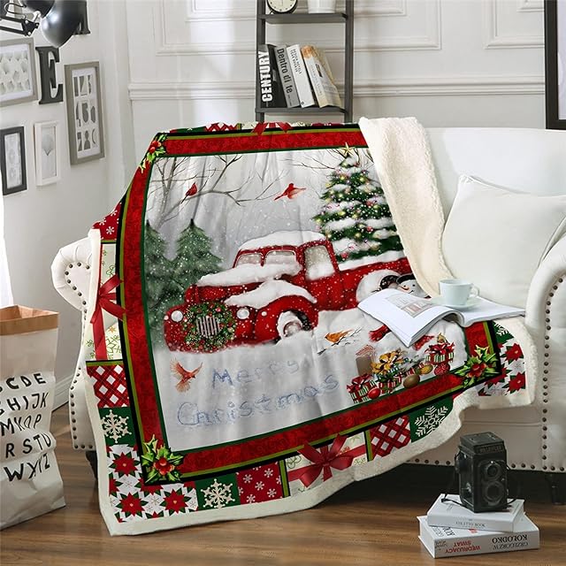 DJY Red Truck Throw Blanket Christmas Tree Snowman Printed Fleece Blanket Soft Warm Microfiber Solid Blanket for Bed, Couch and Travel 150x200cm