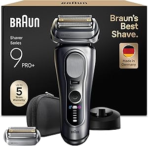 Braun Series 9 Pro+ Men’s Electric Shaver, 9617PSI, Silver – Beard Shaver with 5+1 Technology, Waterproof, 60 Min Use, 1 Extra Head, Charging Base, Travel Case