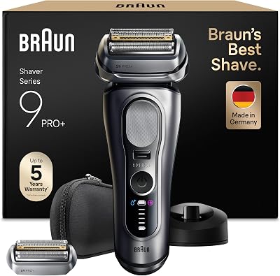 Braun Serie 9 Pro + Rasoio Elettrico Barba, Wet&Dry, 5+1 Lame di Precisione Ultra Sottili, Regolabarba Uomo, Rasoio Barba, 60 Min Utilizzo, Testina di Ricambio Extra,Base di Ricarica, 9617psi, Argento