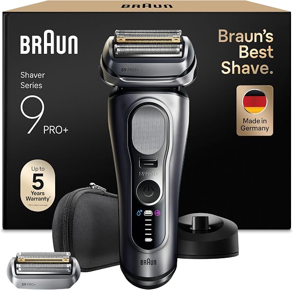 Braun Afeitadora Eléctrica Hombre Series 9 Pro+, Máquina de Afeitar Barba en Seco Y en Mojado con Tecnología 5+1, 60 Min de Uso, 1 Cabezal Extra, Base de Carga, Estuche de Viaje, 9617PSI, Plata - 1