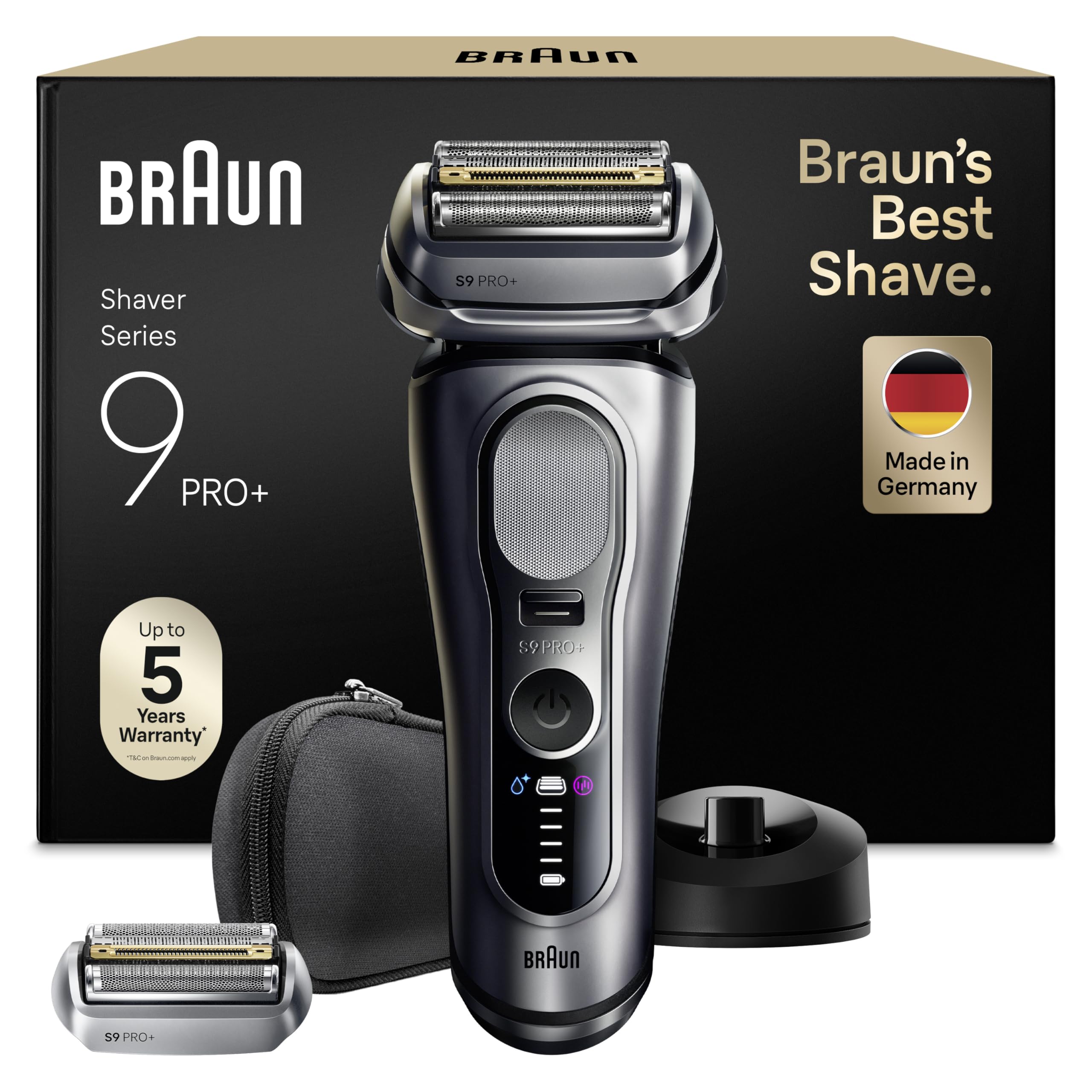 Braun Afeitadora Eléctrica Hombre Series 9 Pro+, Máquina de Afeitar Barba en Seco Y en Mojado con Tecnología 5+1, 60 Min de Uso, 1 Cabezal Extra, Base de Carga, Estuche de Viaje, 9617PSI, Plata