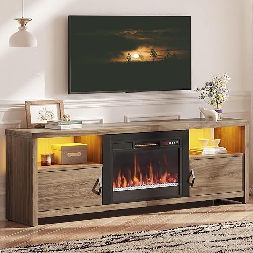 Bestier 70 Inch Fireplace TV Stand for 75" TVs, Modern Entertainment Center with LED Lights, Storage Cabinets and Adjustable Shelves for Living Room, Pinewood