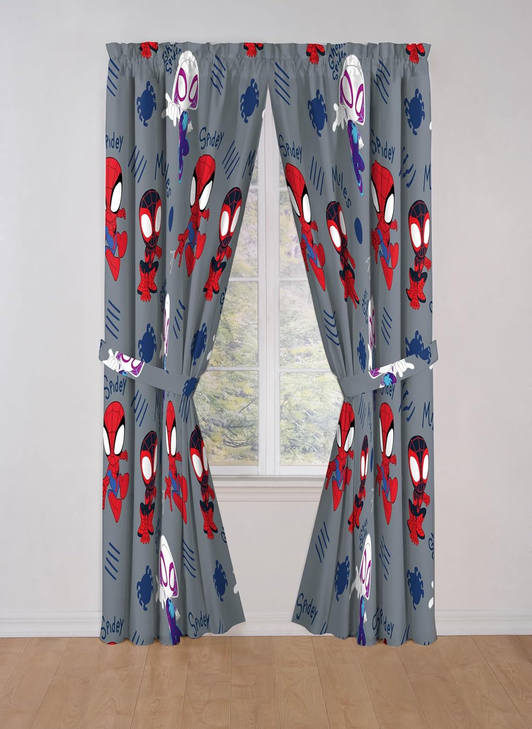 Jay Franco Black Out Window Curtains for Kids Bedroom 4-Piece Drape Set with 2 Tiebacks, Grey - Spidey & His Amazing Friends, 42" W x 84" L (Pack of 2)