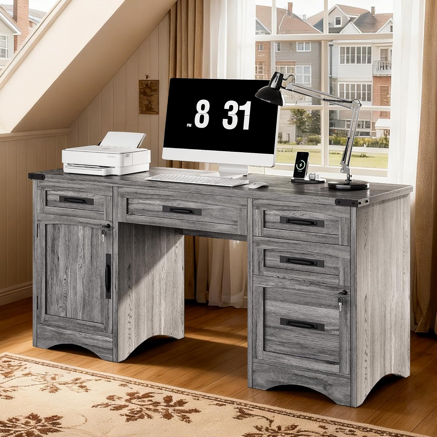 L Shaped Farmhouse Executive Desk with Drawers, 67" Home Office Desks with Fast Charging Station, Lockable File Cabinet, Wood Writing Computer Desk for Work, Study, White