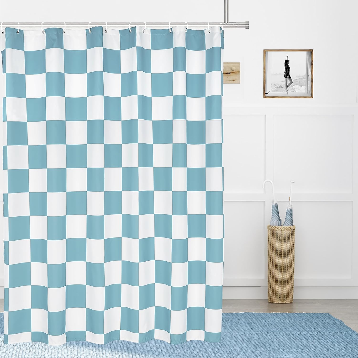 Tititex Aesthetic Checkerboard Grid Pattern Faux Linen Fabric Shower Curtain, White Sky Baby Blue Modern Shower Curtain Sets Decoration 71x71 Inch with 12 Hooks