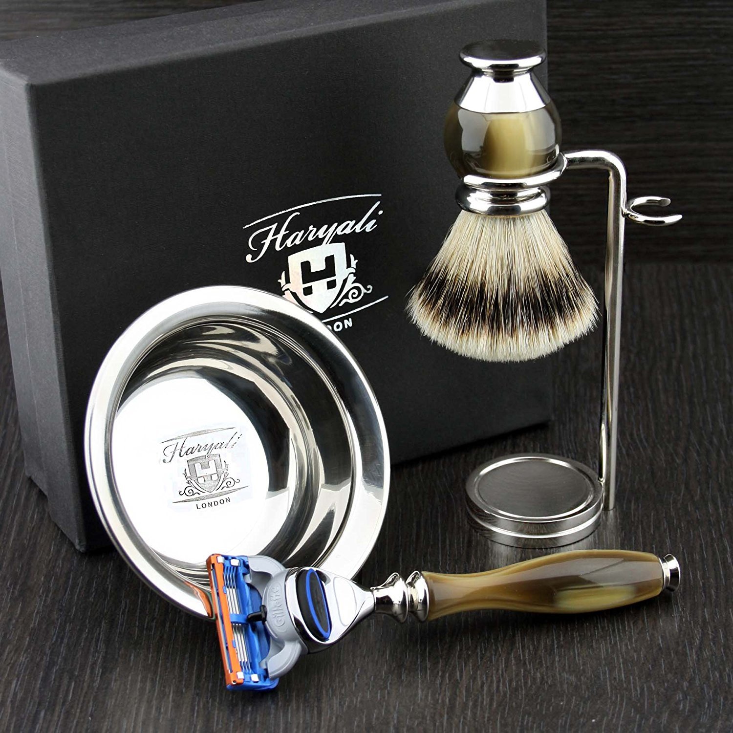 Set da barba da uomo, 4 pezzi, con testa di rasatura, punta argentata, doppio supporto in acciaio inox e ciotola da rasatura, set di nuova concezione