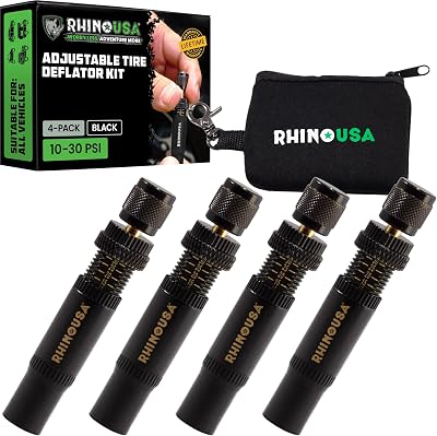 Rhino USA Adjustable Tire Deflator Kit (10-30 PSI), Automatic Screw-on Air Down Tool with Auto Stop, Tire Deflators Offroad and Over Sand Accessories for Jeep, Truck, SUV and 4x4, 4-Pack Black