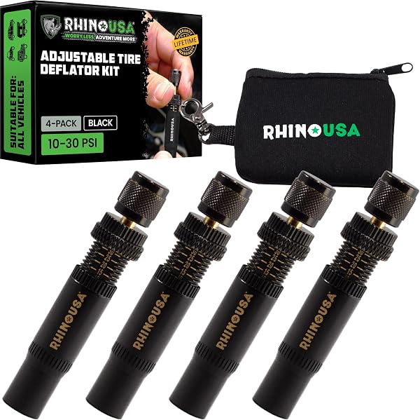 Rhino USA Adjustable Tire Deflator Kit (10-30 PSI), Automatic Screw-on Air Down Tool with Auto Stop, Tire Deflators Offroad and Over Sand Accessories for Jeep, Truck, SUV and 4x4, 4-Pack Black
