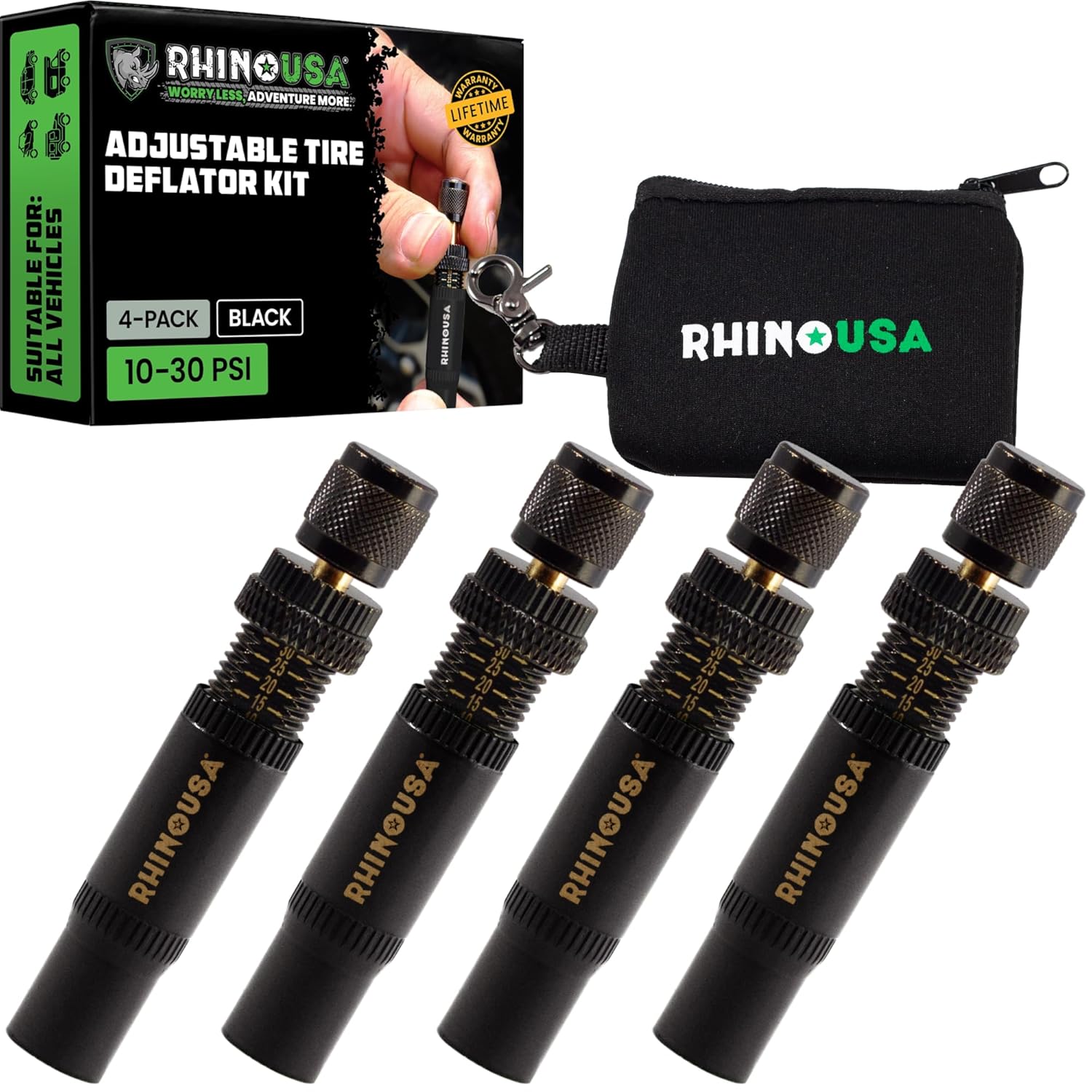 Rhino USA Adjustable Tire Deflator Kit (10-30 PSI) Ultimate Screw-on Automatic Tire Deflators for Offroad - Quick & Easy Air Down System for The Trails - Best Jeep Off Road Accessories (4-Pack) -Black
