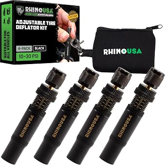 Rhino USA Adjustable Tire Deflator Kit 4-Pack - 10-30 PSI Air Down Tool | Automatic Screw-On Deflators with Auto Stop. Offroad Accessory for Jeep, Truck, SUV, ATV & 4x4 Sand Trails. Black