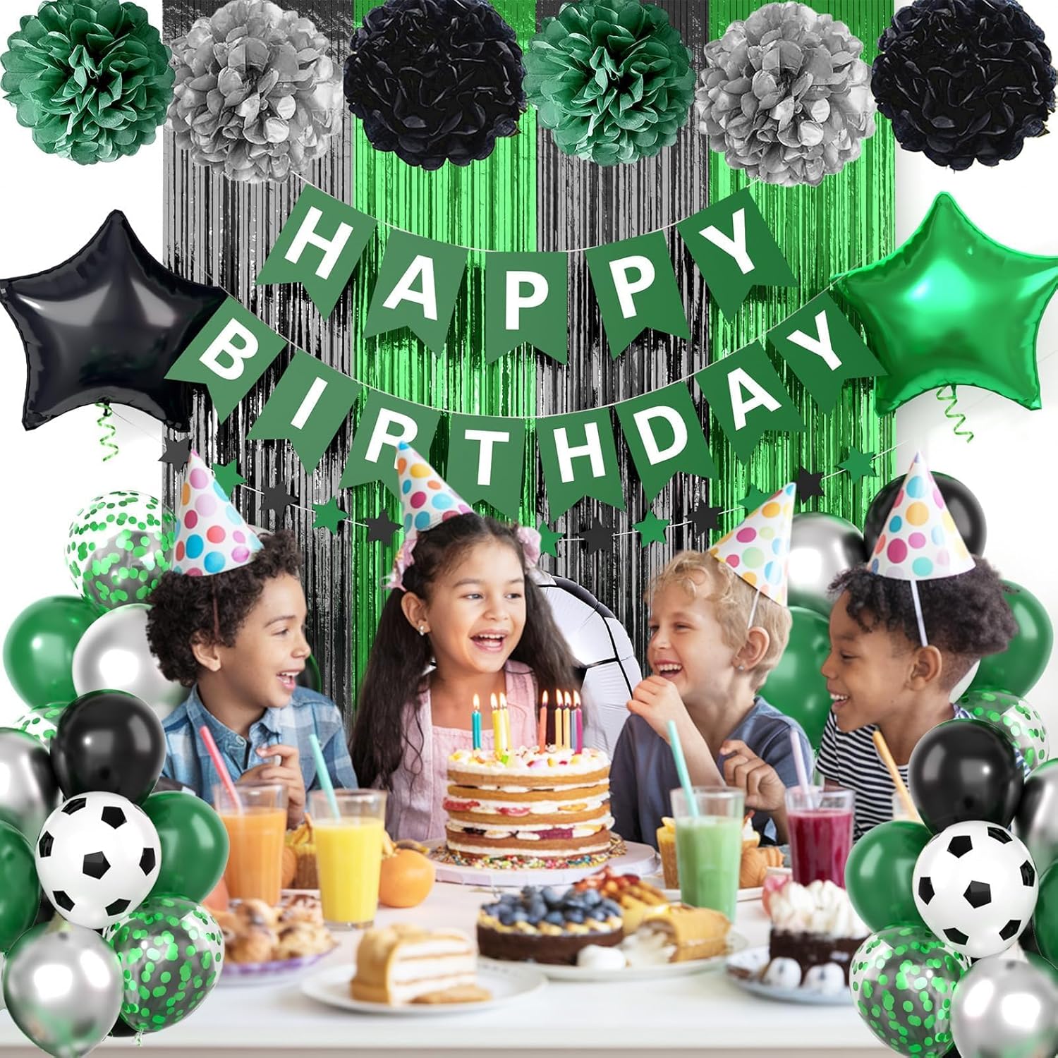 Soccer Party Decorations,Soccer Sports Theme Birthday Decorations,Include Green Black Party Balloons Happy Birthday Banner Fringe Curtain Tissue Paper Pompoms Garland - Image 7