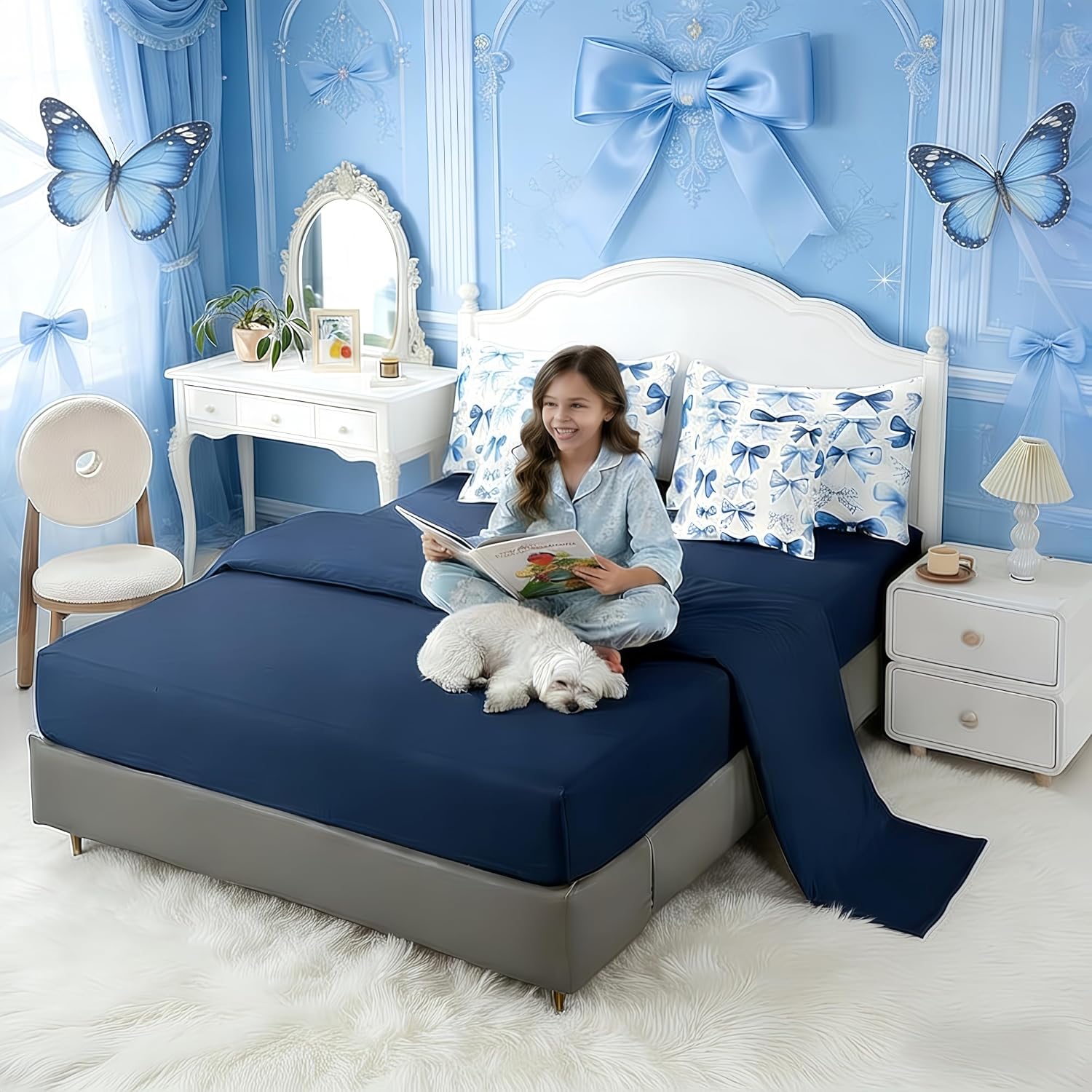 Erosebridal Kids Blue Bow Comforter Set with Sheets Queen Size Princess Bow Tie Girls Bed in A Bag Ultra Soft Butterfly Knot 7 Pieces Bed Set Bedroom Decor Fairy Tale Theme Girlish Room Decor