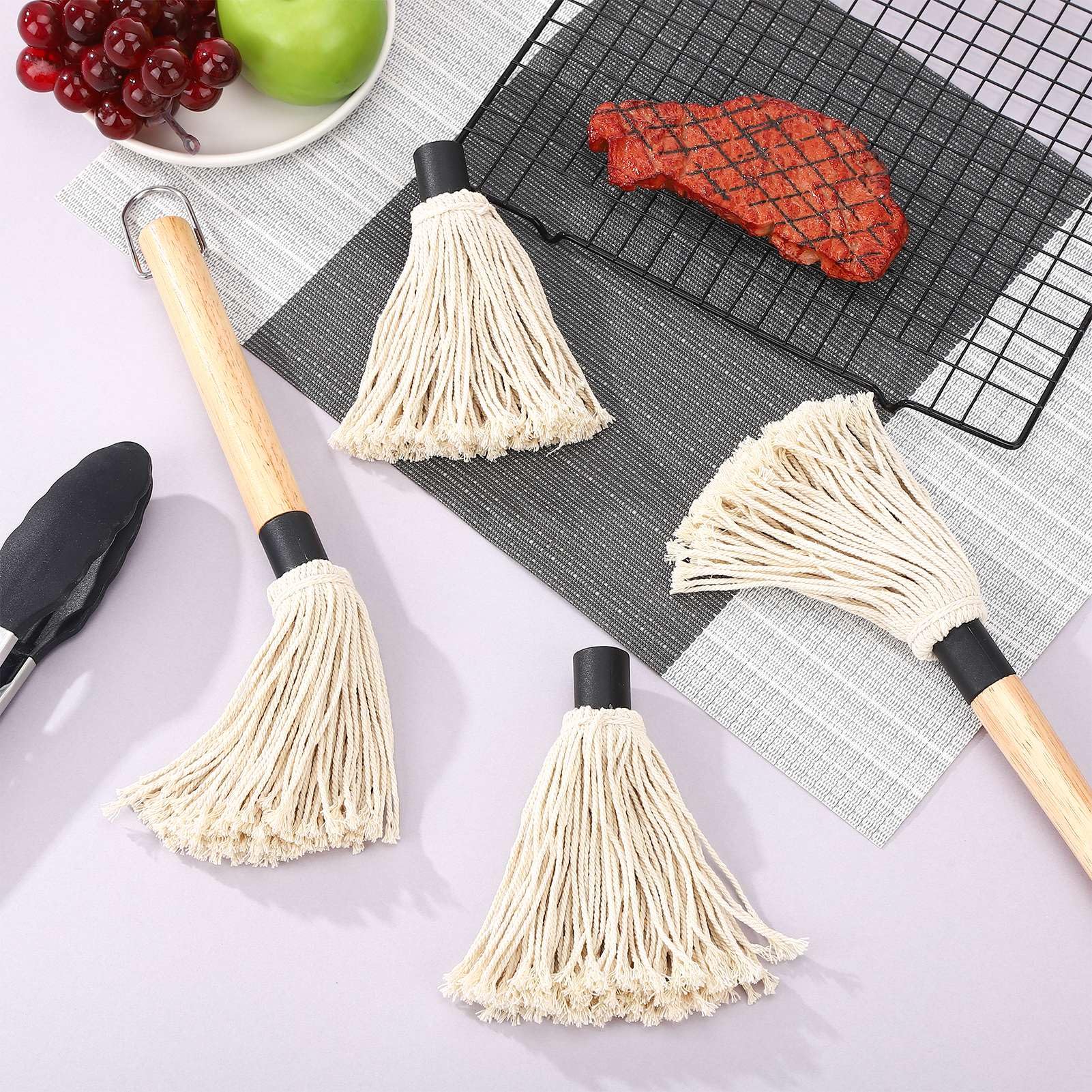 Meng Jiaran Lot de 2 brosses à badigeonner pour barbecue avec manche en bois et 2 têtes de rechange supplémentaires pour barbecue, grill, fumer le steak