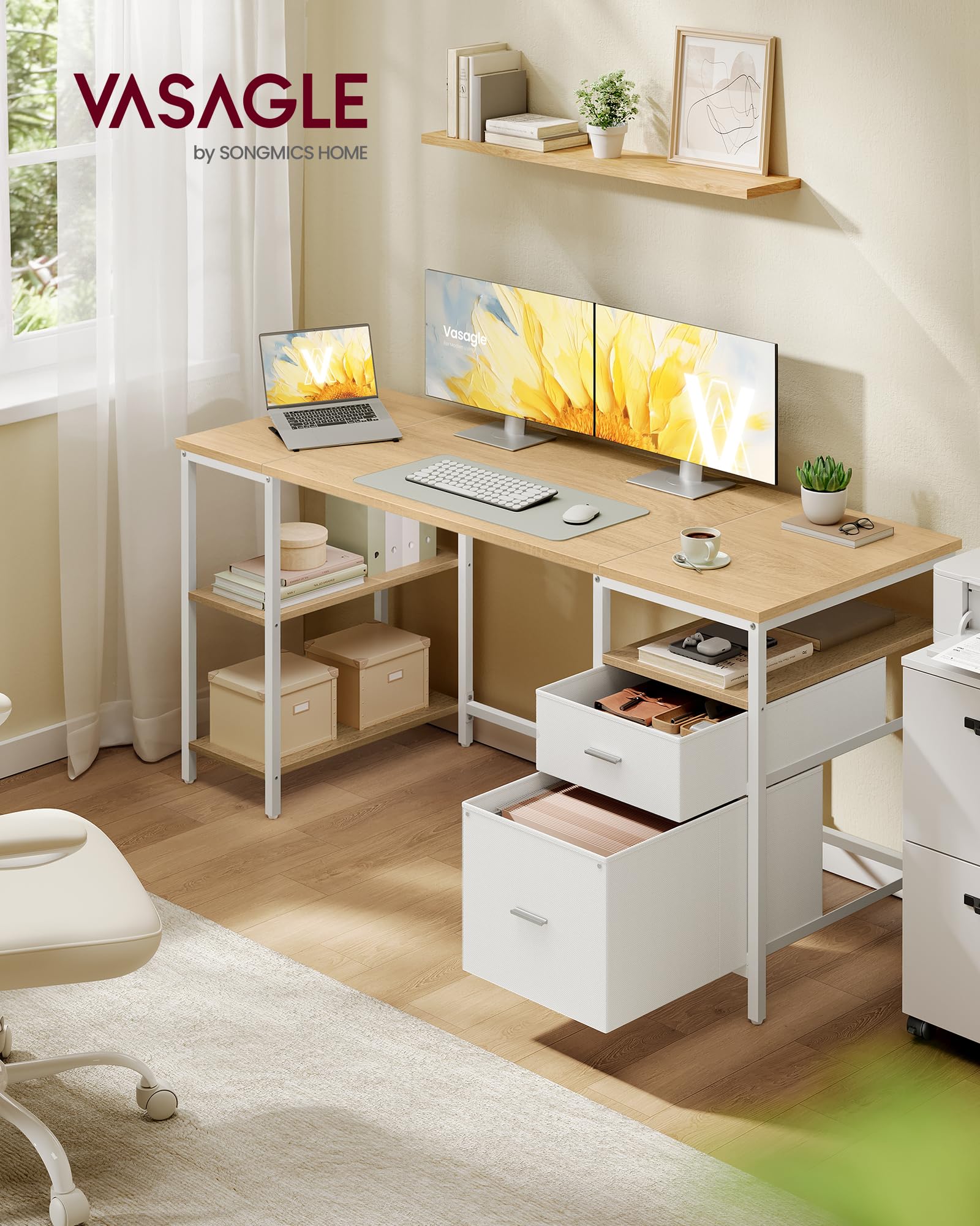 VASAGLE Mesa de Ordenador, Mesa de Oficina, con 3 Estantes, 2 Cajones, 160 x 60 x 76 cm, para Oficina, Salón, Estilo Moderno, Roble Natural y Blanco Nube LWD105YD01