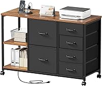 Maihail 6-Drawer Fabric File Cabinet with Charging Station, Rolling Printer Stand & Open Shelf - Mobile Lateral Storage for Home Office, Rustic Brown