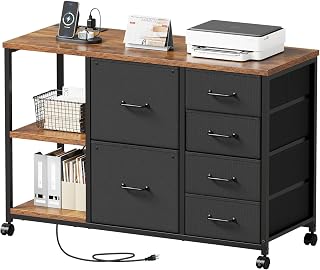 Maihail 6-Drawer Fabric File Cabinet with Charging Station, Rolling Printer Stand & Open Shelf - Mobile Lateral Storage for Home Office, Rustic Brown