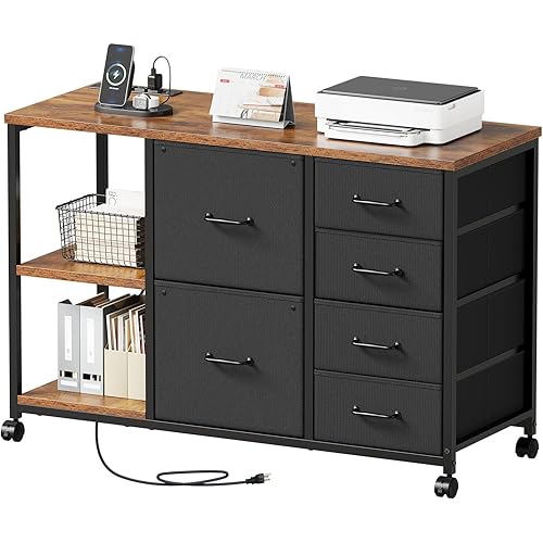6 Drawer File Cabinet with Charging Station Rolling Printer Stand with Open Storage Shelf Fabric Lateral Filing Cabinet for Home Office,Rustic Brown