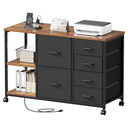 Maihail 6 Drawer File Cabinet with Charging Station Rolling Printer Stand with Open Storage Shelf Fabric Lateral Filing Cabinet for Home Office,Rustic Brown