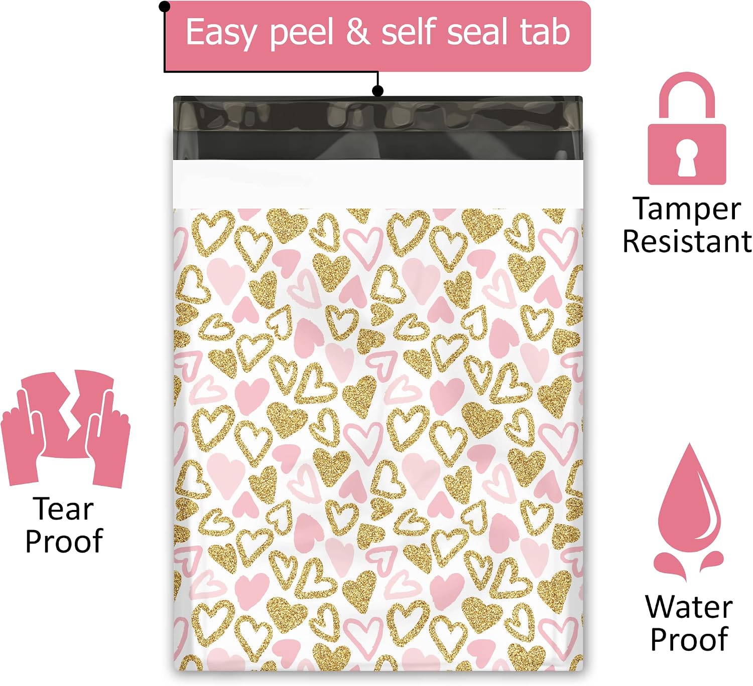 12x15 (50) Pink and Gold Hearts Valentine's Day Designer Poly Mailers Waterproof Self Sealing Tear Resistant Polymailers Large Shipping Envelopes Premium Printed Bags For Small Businesses