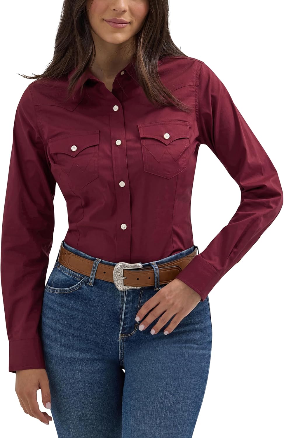 Women's Retro Long Sleeve Cool Blue Solid Western Shirt