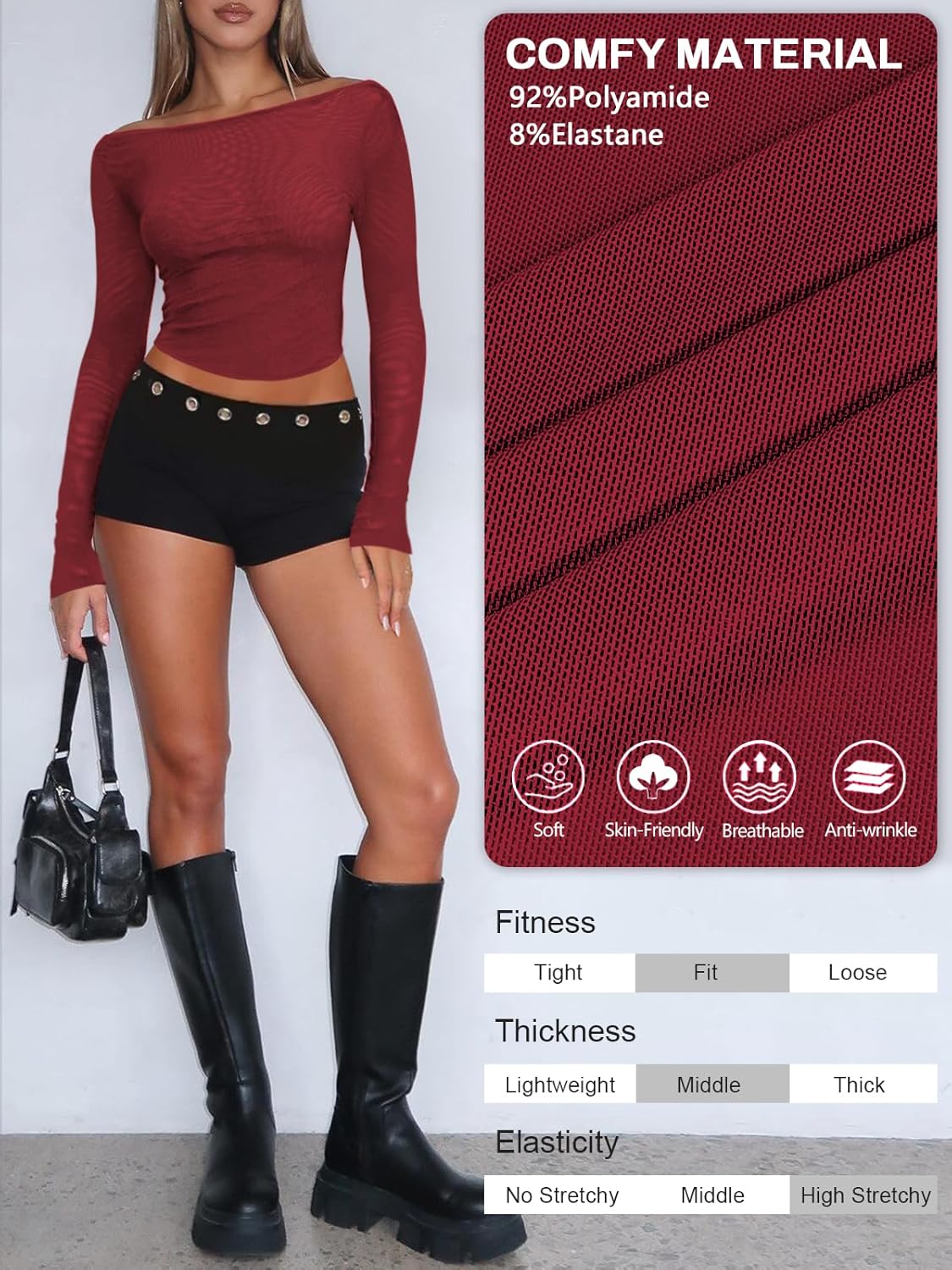 Women's Mesh Sheer Long Sleeve Top for Women Sexy Boat Neck Going Out Tops Casual Club Party See Through Tee Shirts - Image 6