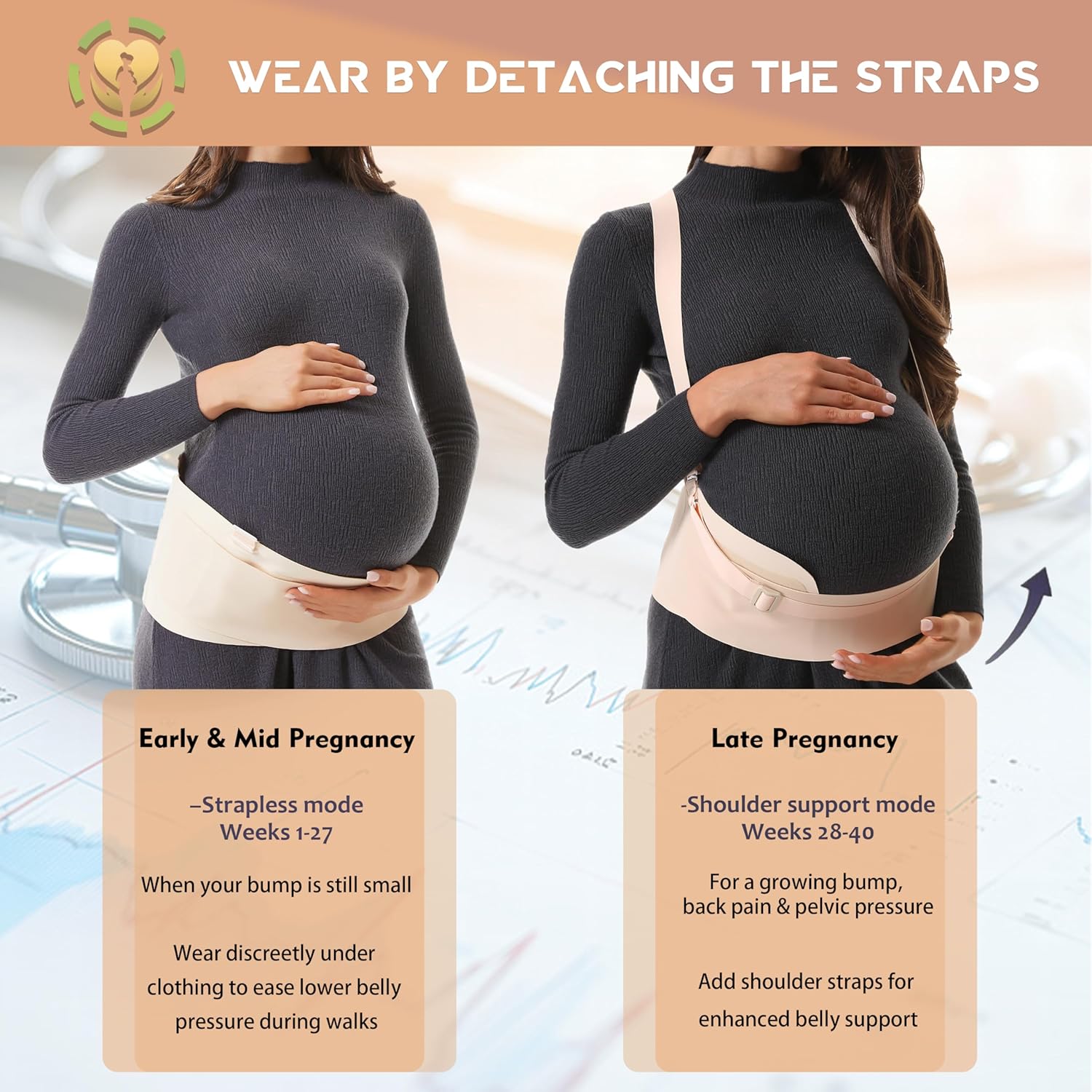2-in-1 Convertible Maternity Support Belt with Detachable Strap - Adjustable Pregnancy Belly Band for Back, Hip, Pelvic Pain, Invisible Belly Bands for Pregnant Women