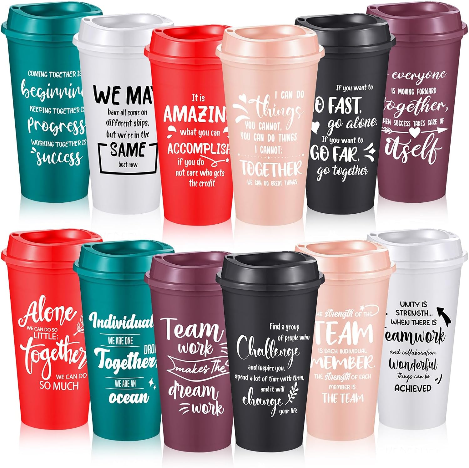 FillTouch 12 Pcs Appreciation Cups Gifts, Team Coffee Mugs for Office Coworkers Employee Staffs, 16 oz Reusable Plastic Cups with Lids, Gifts for Staff at Work (Stylish Color)