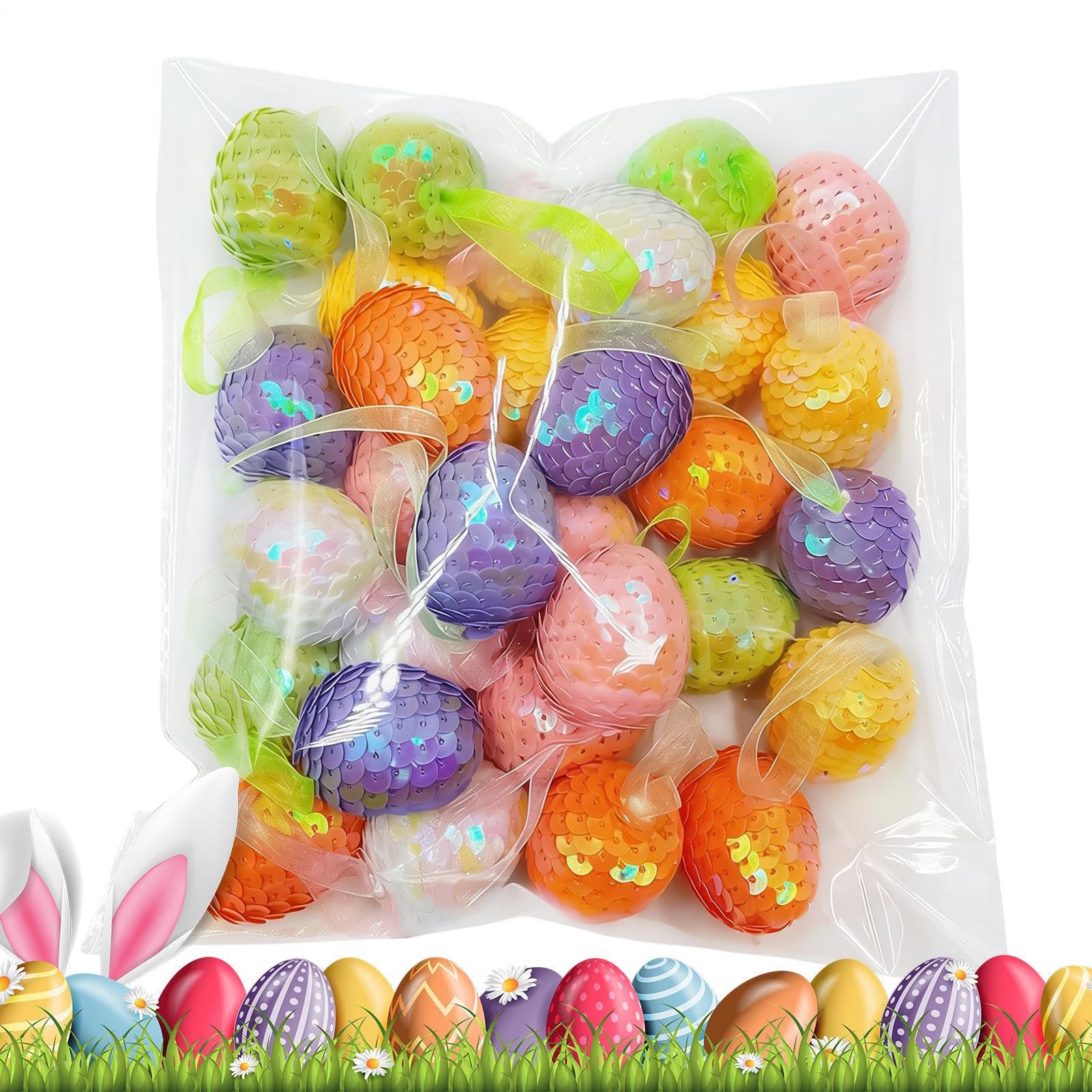 Huevos de Pascua con purpurina en pack de 24 piezas de espuma de colores para colgar
