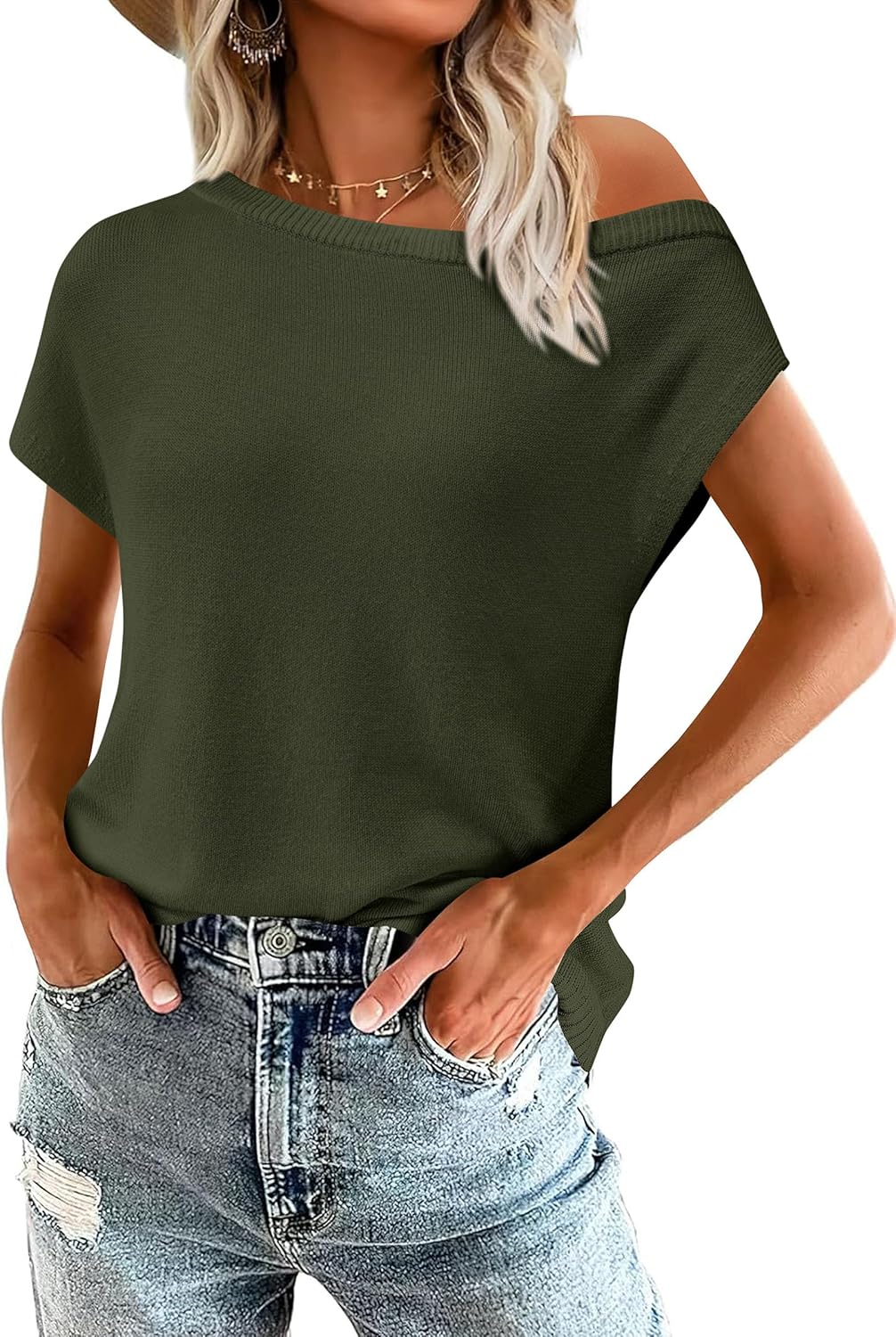 PRETTYGARDEN Womens Off The Shoulder Tops 2026 Summer Casual Short Sleeve Tunic T Shirts Lightweight Knit Sweaters