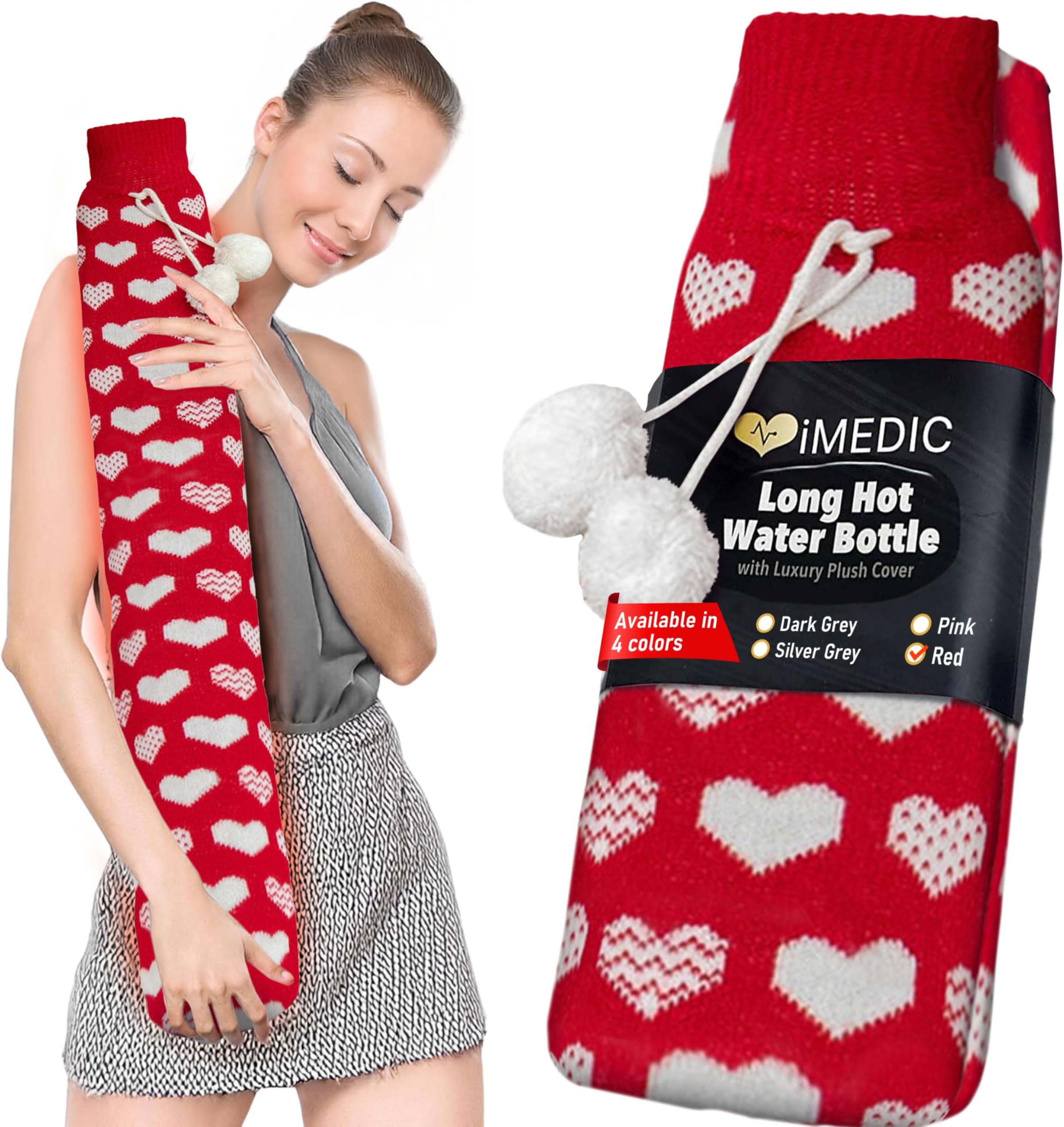 iMedic Extra Long Hot Water Bottle with Cover UK – 2L Large Rubber Hot Water Bag, Soft Fleece or Knit Cover, Neck Shoulder Back & Period Pain Relief, Bed Warmer, Hot & Cold Therapy, Gifts for Women
