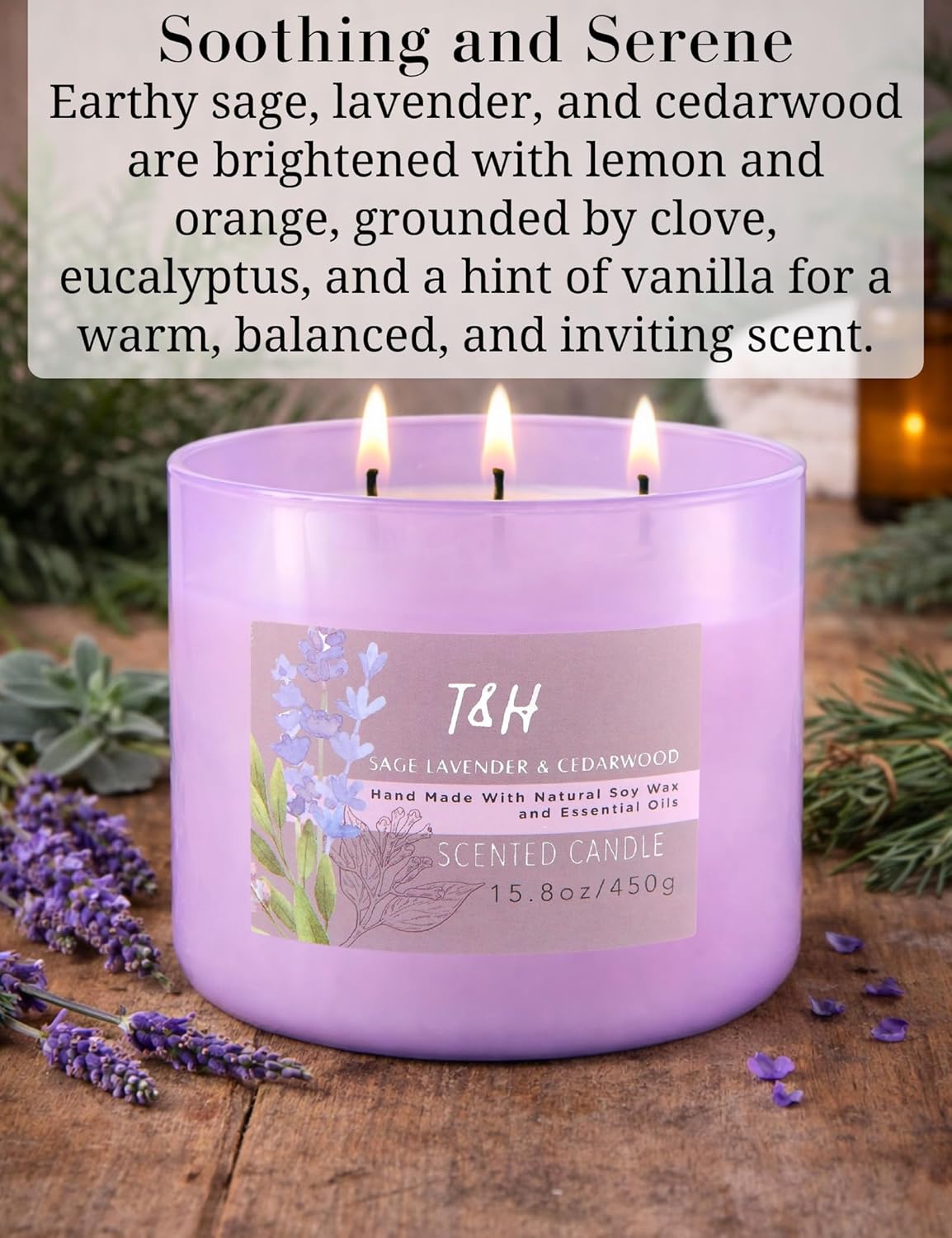 Large Sage Lavender Cedarwood Scented Candle for Home - 3 Wick Soy Candles 15.8oz, Calming Lavender Aromatherapy Candle, Long Lasting Clean Burning, Stress Relief Gift for Women & Men - Image 2