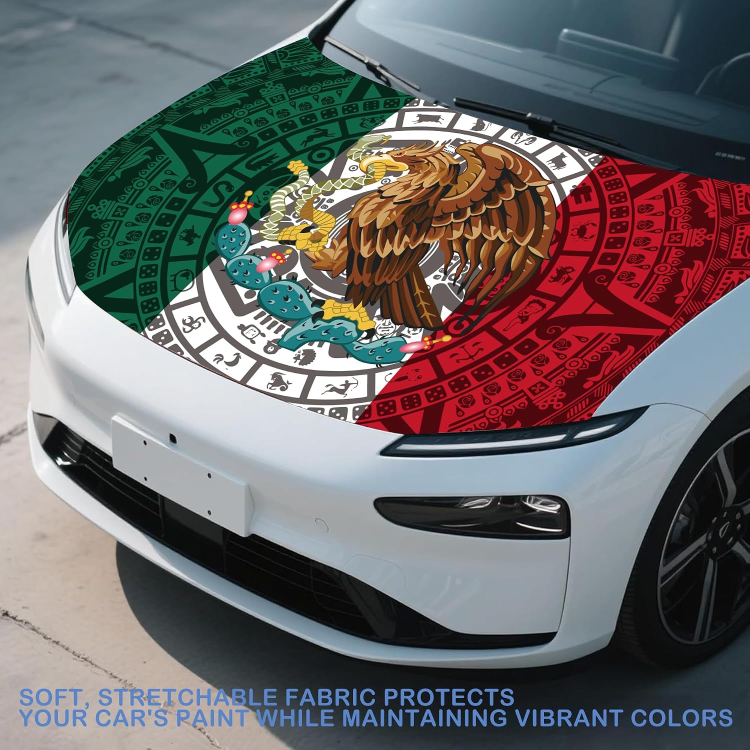 Mexico Flag Car Hood Cover 4x5 Ft Mexican National Day Hood Cover Protector Stretch Polyester Fabric Covers Removable Automotive Accessories Fit Cars Trucks SUVs