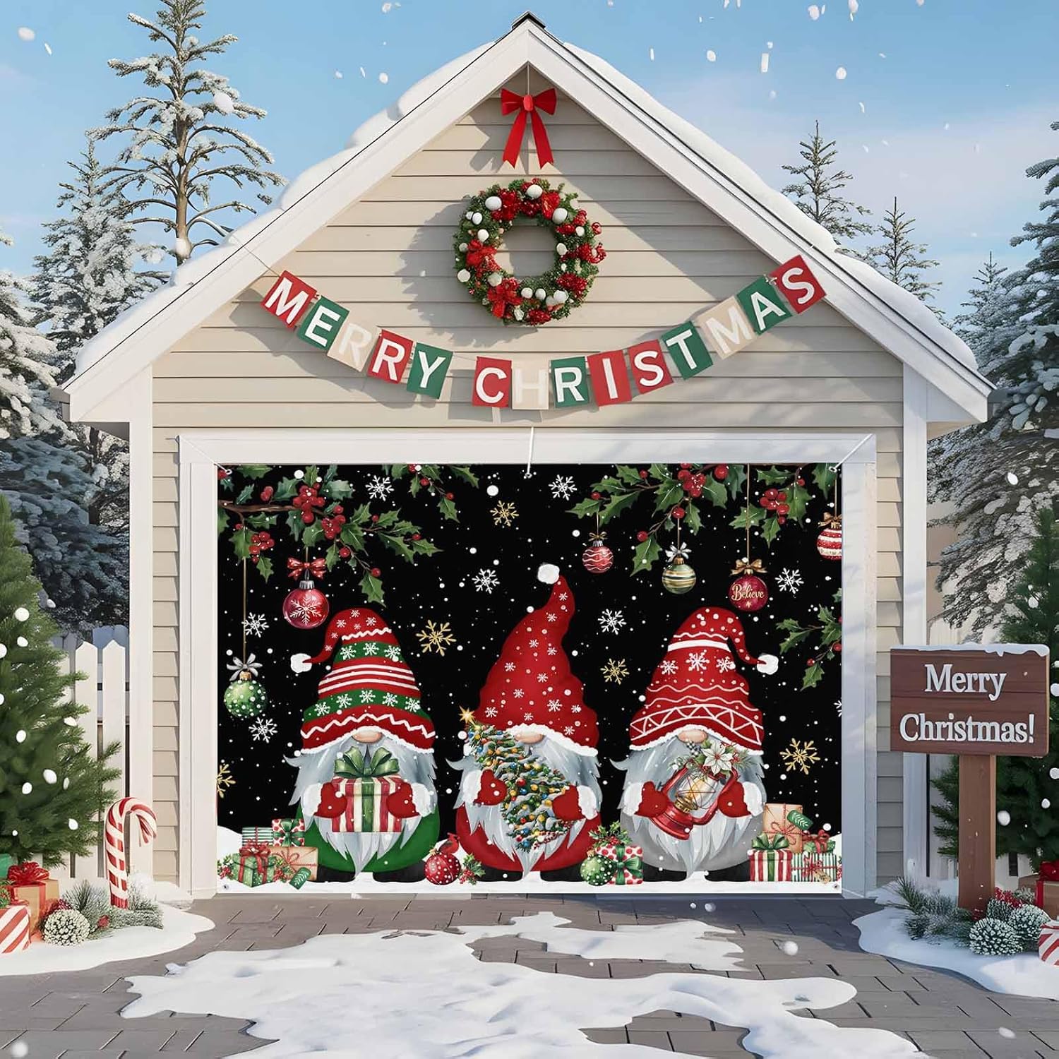 Black Gnomes Christmas Garage Door Banner Cover, Hanging Garage Door Decorations, Xmas Balls Tree Snowflake Holiday Garage Door Covers Backdrop for Party Indoor Outdoor Wall Decor 7x8Ft