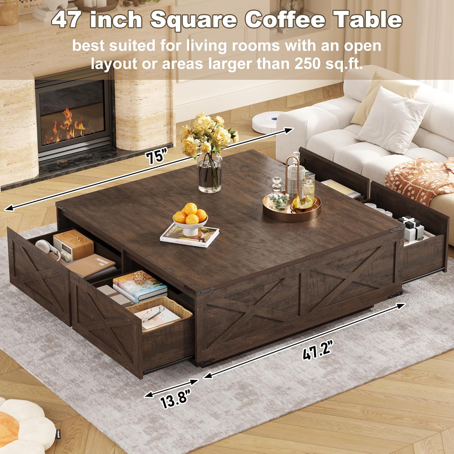 St.Mandyu 47” Farmhouse Square Coffee Table with 4 Drawers Extra Large Coffee Table with Storage Wooden Large Coffee Tables for Living Room Square Center Table for Home Office Brown