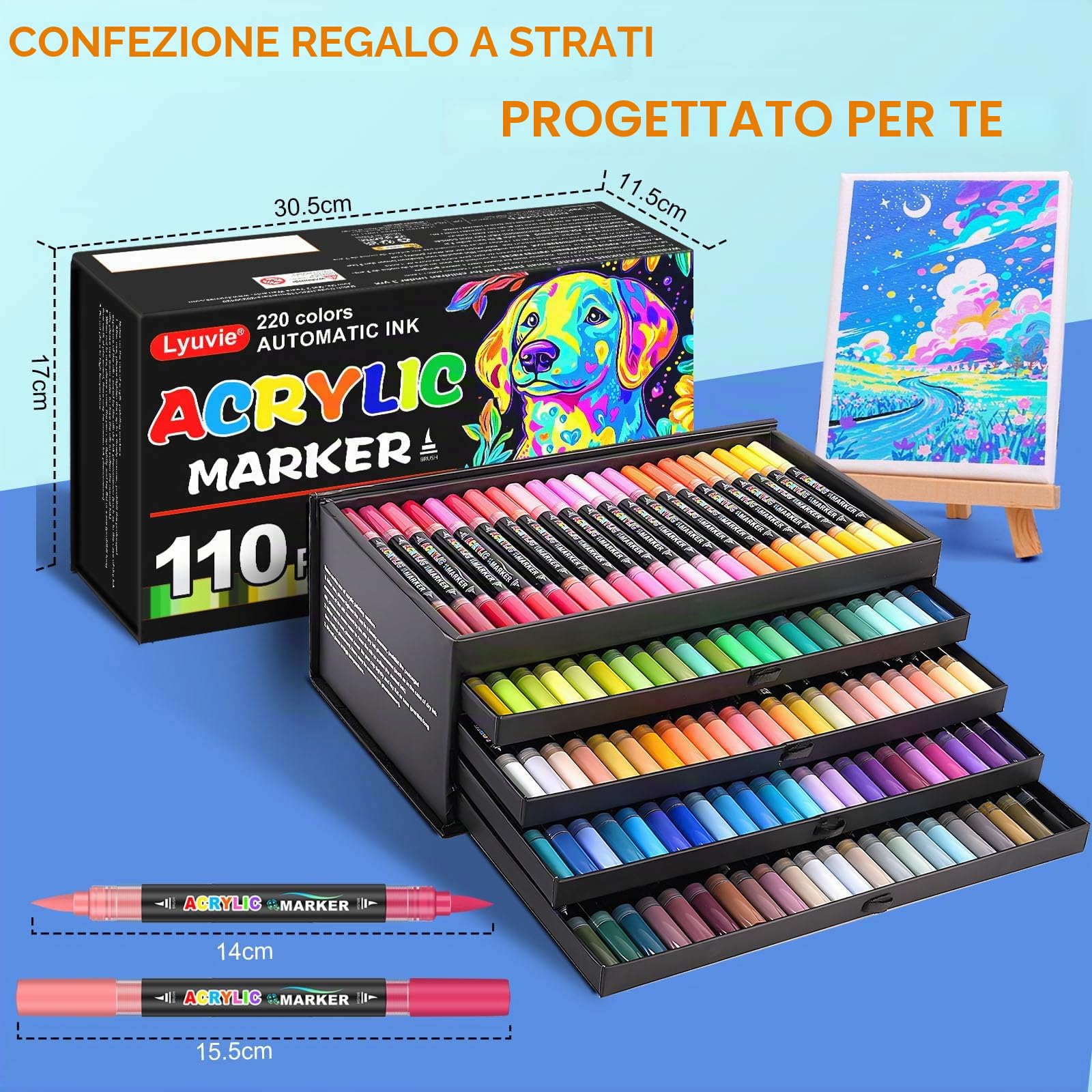 Lyuvie 220 Colorati Pennarelli Acrilici Set-110 Pezzi Marker Pennarelli Acrilici Doppia Punta Fine & Pennello per Dipingere Sassi Dipingere Sassi Tessuti Legno Vetro Carta Plastica