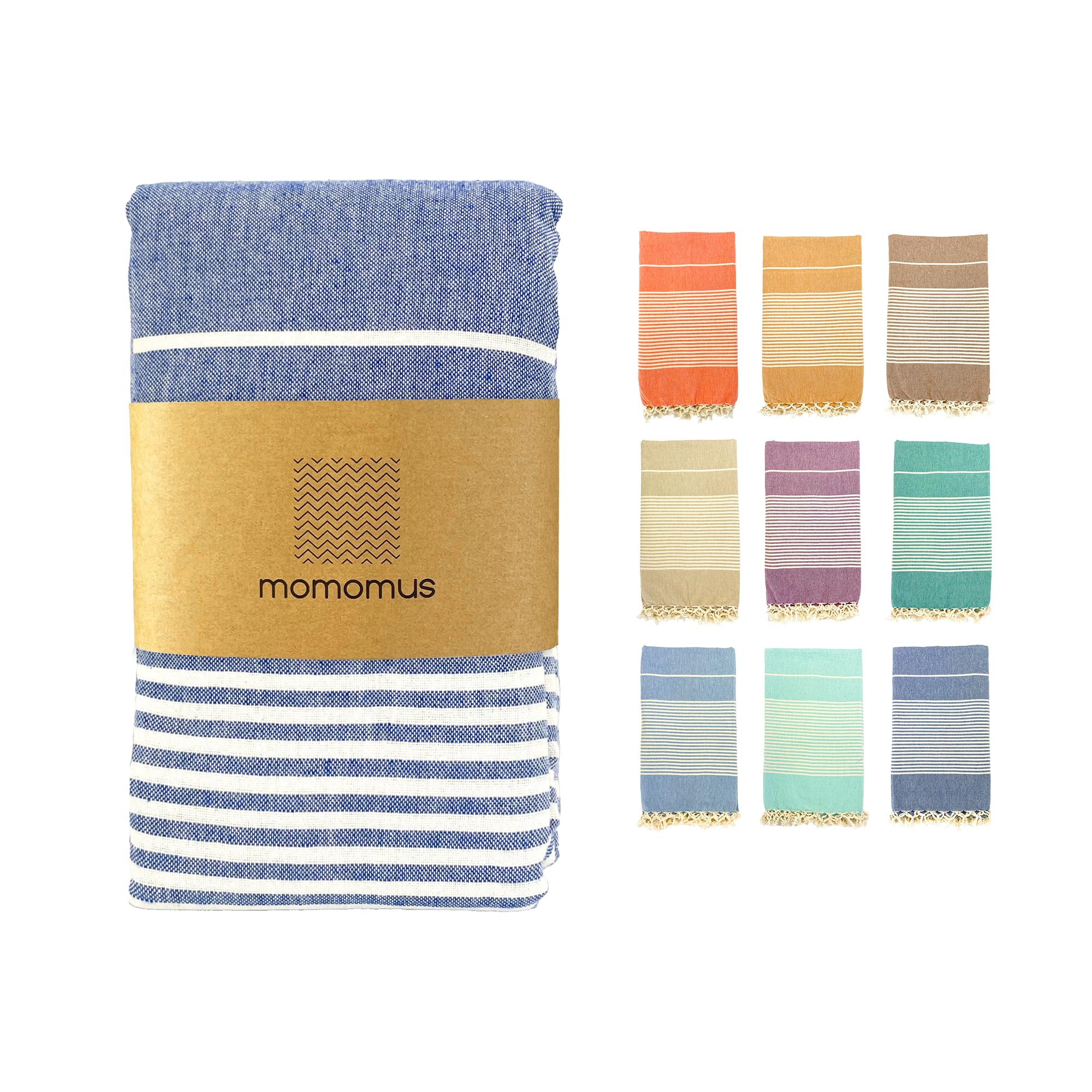 MOMOMUS Fouta XXL, Extra Large Beach Towel for Adults, Beach Picnic Blanket, 100% Cotton, with Fringes and Sand Free, Blue