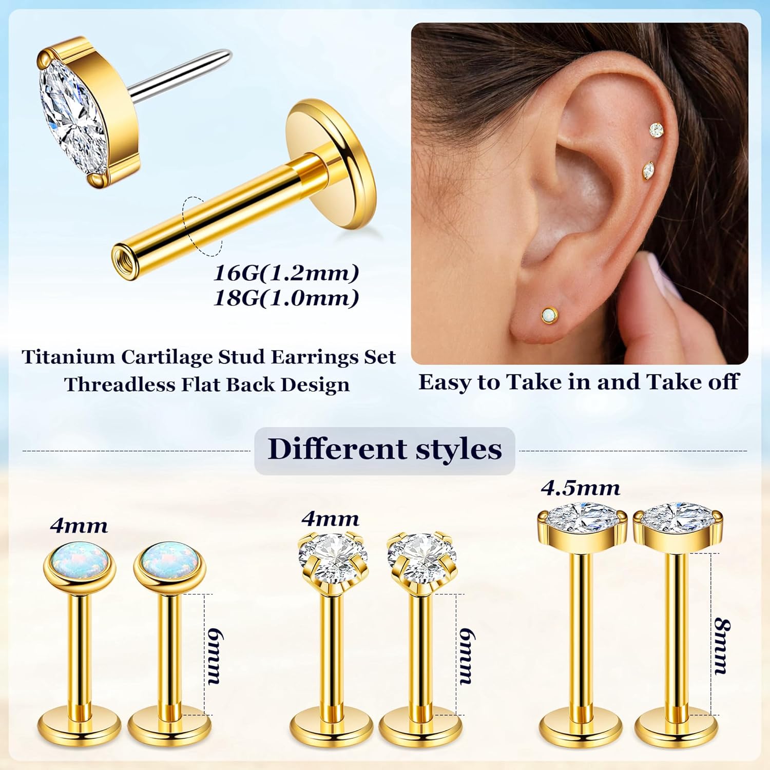 3Pairs 16G 18G Titanium Stud Earrings for Women - Push in Cartilage Helix Tragus Studs - CZ Opal Flat Back - Lip Labret Monroe Nostril - Party, Christmas, Graduation, Beach - Image 2