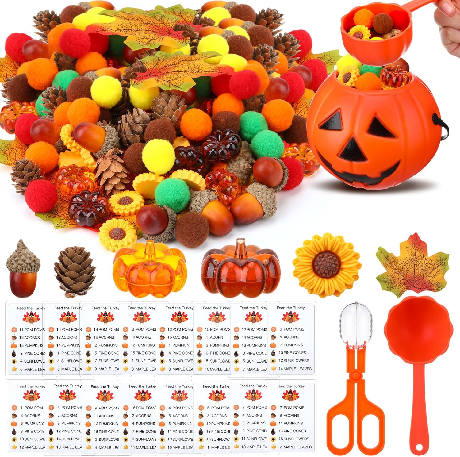 149 Pcs Thanksgiving Sensory Bin Filler Fall Sensory Bin Items Table Skills Set Include Cognitive Cards Acorn Maple Leaf Sunflower Pinecone Pumpkin Decor for Sorting Counting Training
