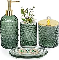 Vista 1 de Juego de Accesorios de Baño, 4 Piezas de Vidrio Verde Salvia, Juego Completo de Accesorios de Baño con Dispensador de Jabón y Loción, Portacepillos