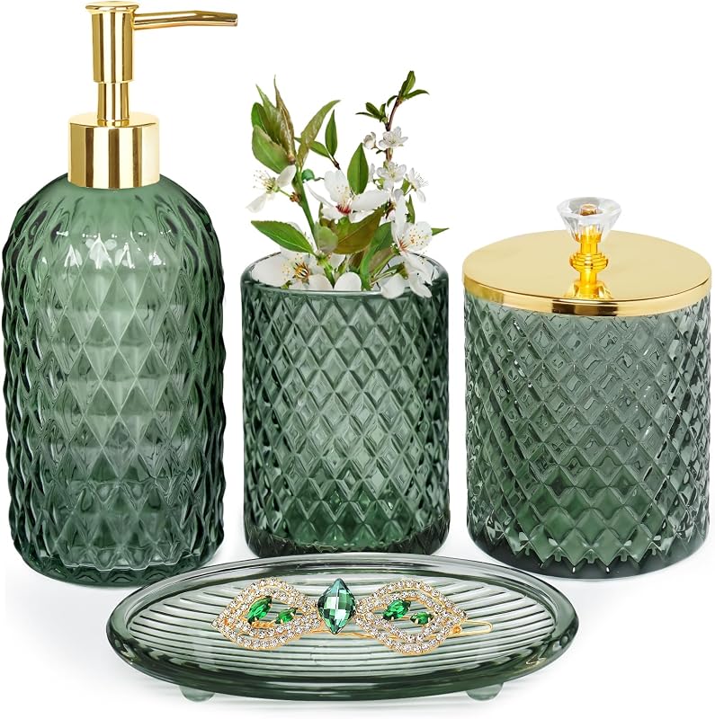 Glass Bathroom Accessories Set, Sage Green Bathroom Set, 4 Pcs | Kit w/ Bathroom Soap Dispenser Set, Toothbrush Holder, Qtip Holder,Soap Dish, Green Bathroom Decor, Gift for Home Apartment