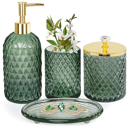 Bathroom Accessories Set, 4Pcs Sage Green Glass Bathroom Accessory Set