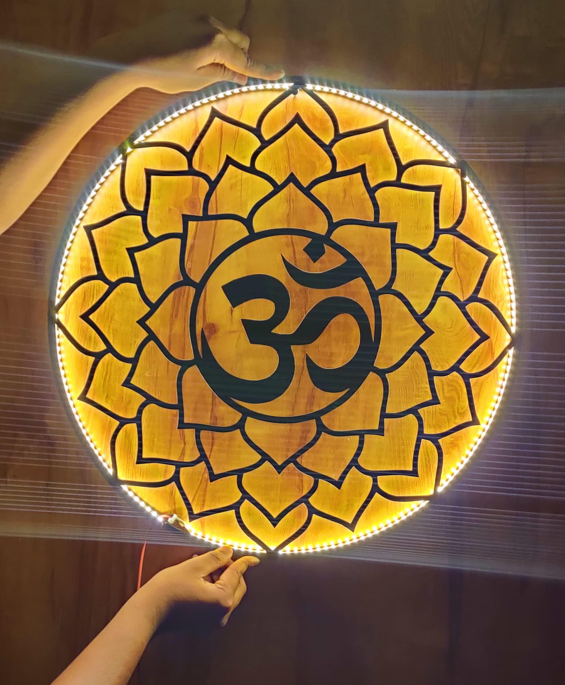EU Elevate Your Wall Decors with Om Metal Wall Art, Mandir Lights, Golden Strips, and CNC Cutting Design Sheets for a Divine Touch of Pooja Room Light and MDF Jali for Mandir