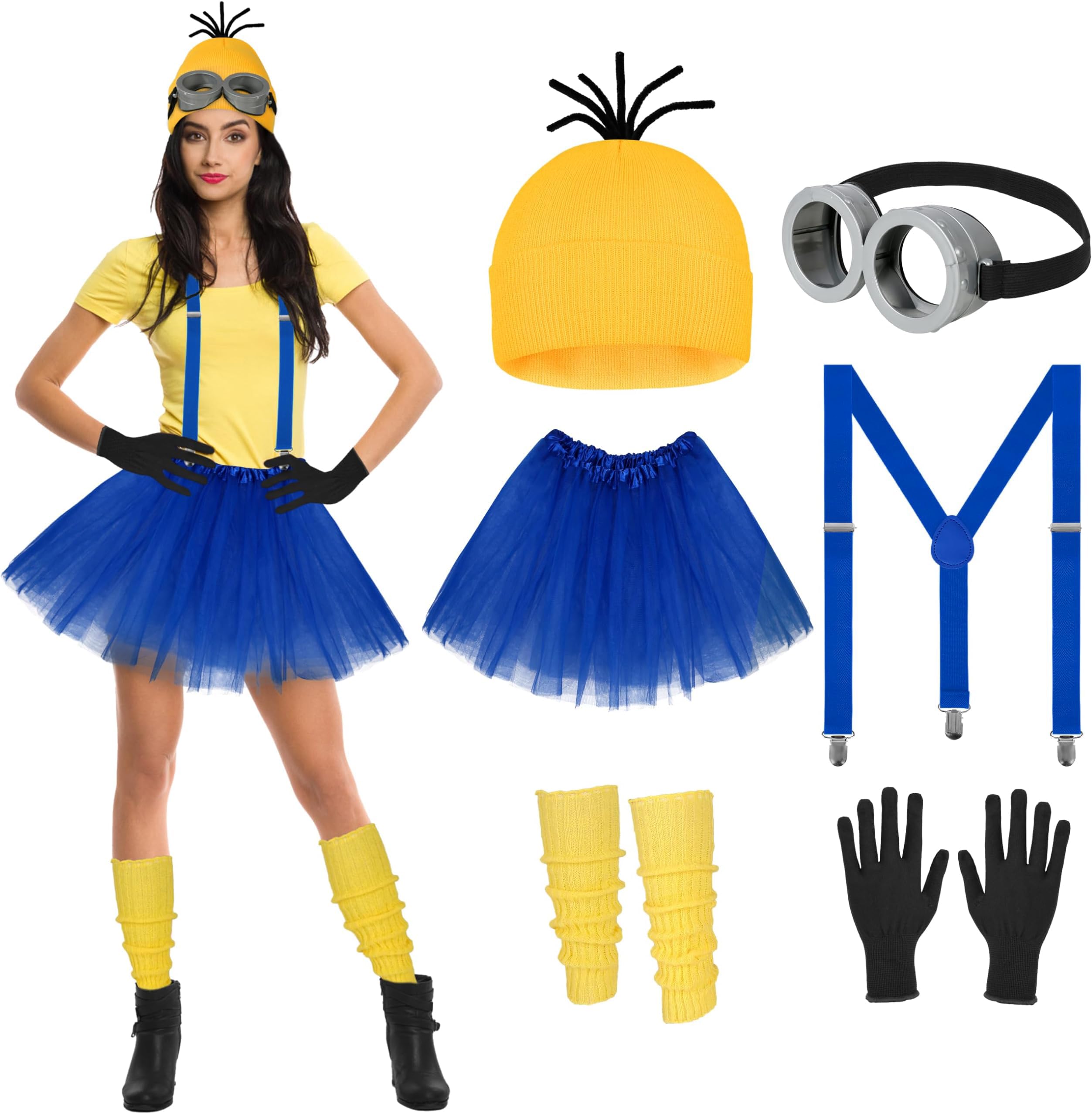 QTUN 6PCS Women's Halloween Costume Accessories Yellow Cosplay Fancy Dress Set with Yellow Beanie Hat Goggles Gloves Suspenders Tutu Skirt Leg Warmer for Halloween Cosplay Dress up Outfits — image 1