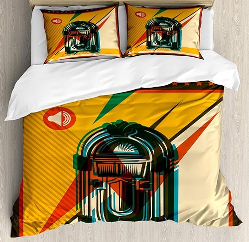 Miniatura 56 de Ambesonne Jukebox Duvet Cover Set, Digital Retro Print Party Themed Old Antique Music Radio, Decorative 3 Piece Bedding Set with 2 Pillow Shams,