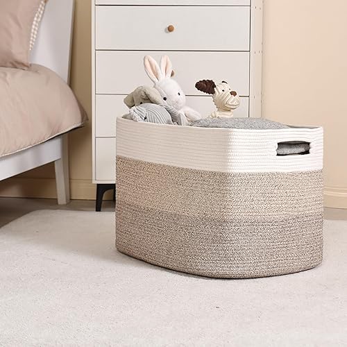 Miniatura 28 de Cesta grande para manta para sala de estar, canasta de almacenamiento rectangular, canasta grande para mantas, cestas de cuerda de algodón tejida