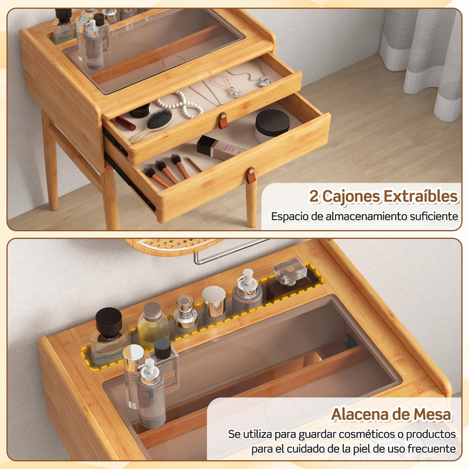 GIANTEX Juego de Tocador con Taburete, Espejo Giratorio, Mesa de Maquillaje de Bambú Macizo con Tablero de Cristal y 2 Cajones, Estilo Natural, para Dormitorio y Salón