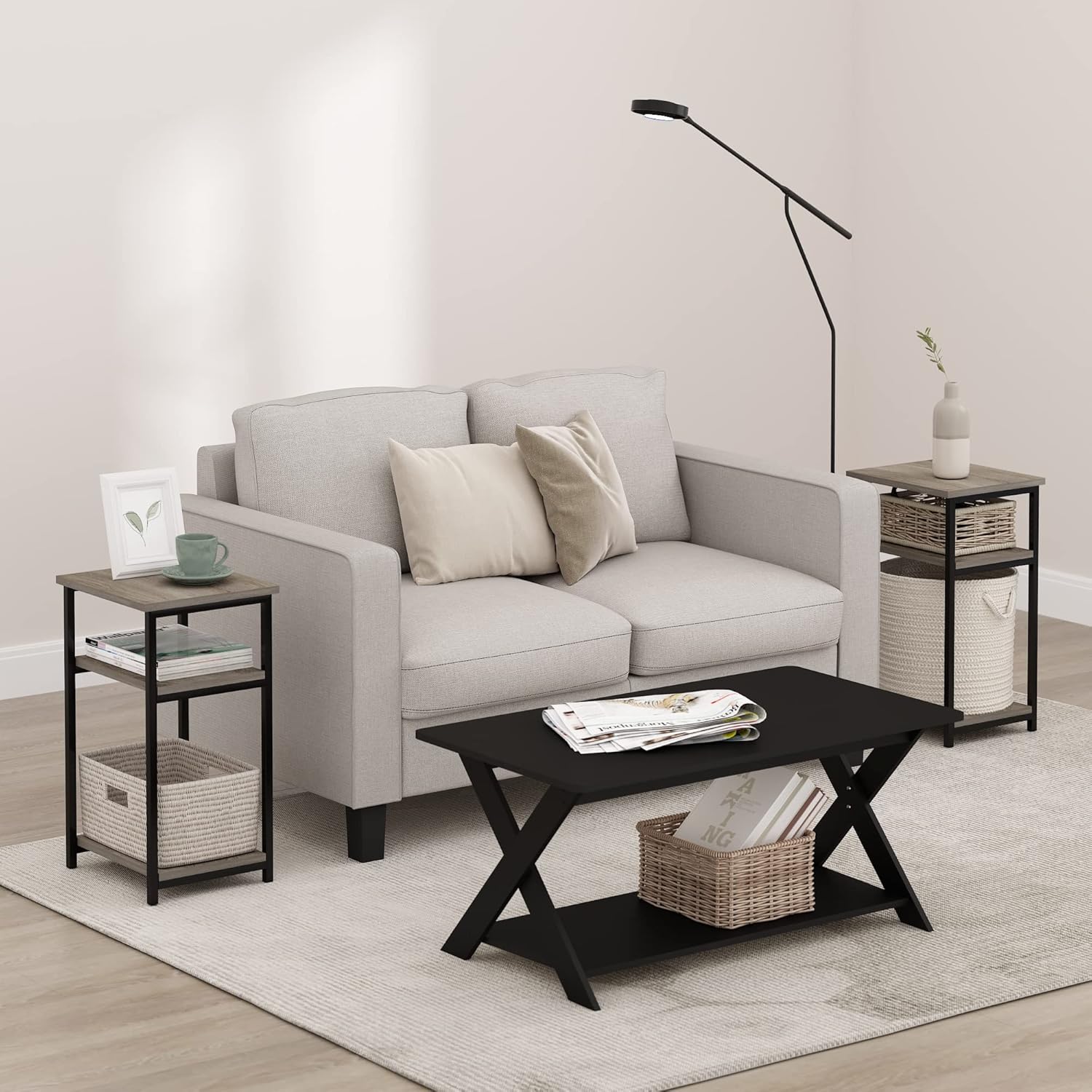 Furinno JUST Side Table Set of 2, 3-Tier Modern Metal Frame End Table with Open Shelf, Night Stand, Bedside Table, Easy Assembly,for Living Room, Bedroom, French Oak