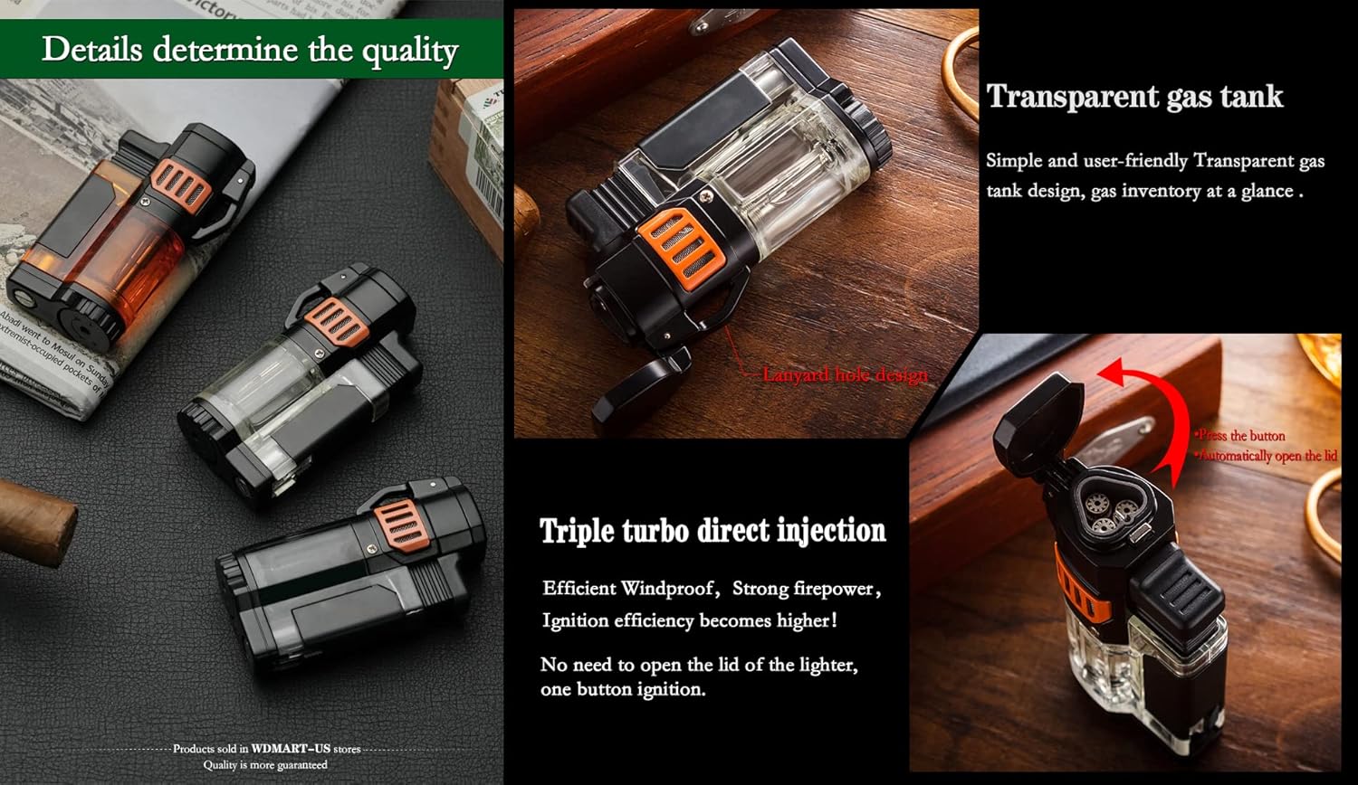 WDMART-US Windproof Refillable lighters - Metal Butane Gas Lighter - Triple Turbo Direct Injection lighters • Transparent Gas Tank•One-Button Automatic lid Opening(Note: Gas is not Included)(White)
