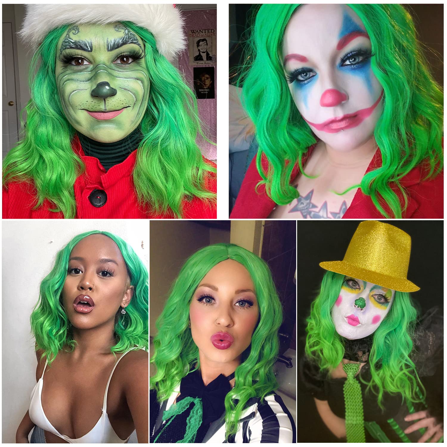 Aicos Short Curly Green Wig, 35cm Fashion Green Bob Wig Perfect for Daily Dress Carnival Party St.Patrick's Day Heat Resistant Anime Cosplay Wig + Free Wig Cap (Bright Green Ombre) - Image 3