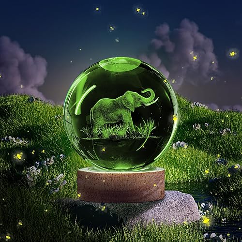 Miniatura 3 de Luz nocturna de bola de cristal de elefante 3D con base de madera de 16 colores, lámpara de bola de cristal de elefante mejorada de 3.15 pulgadas